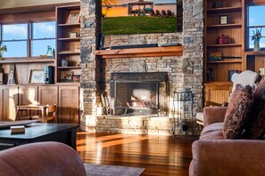 Televisión, chimenea y libros 