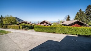 A residential area with houses, a clear sky, and a mountain in the background.