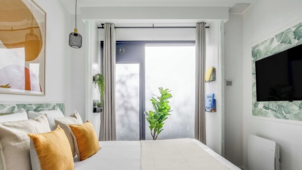 A hotel room with a bed, a TV, a plant, and a window with curtains. - Charming Studio Apartment 2P - Nation (Paris)