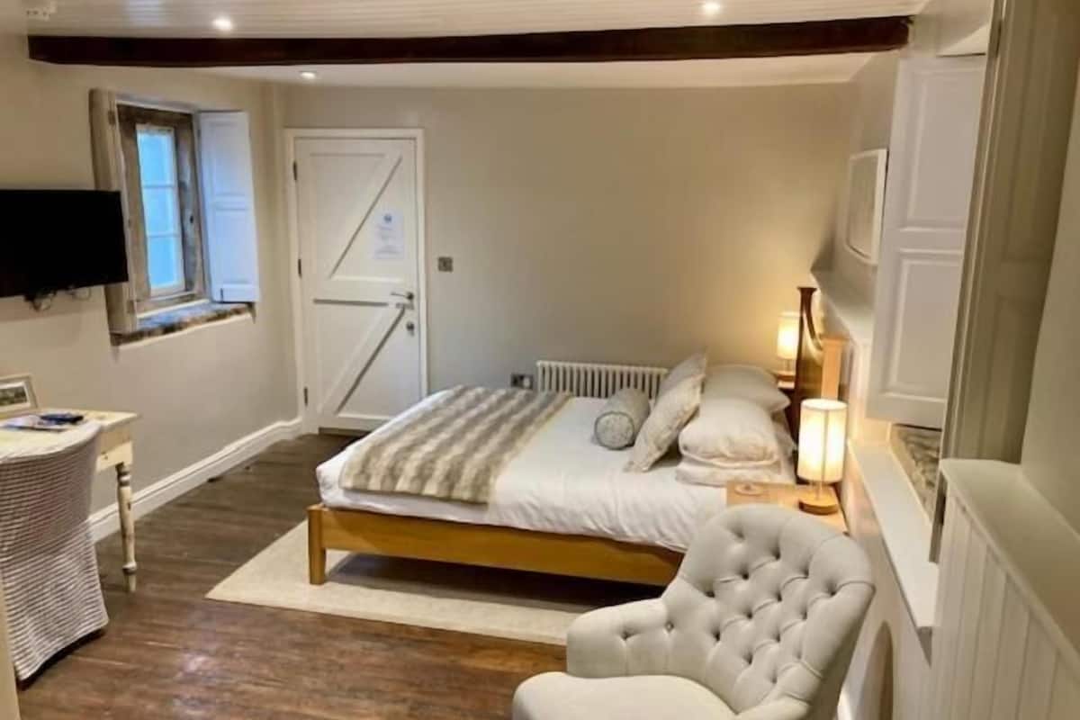Una camera da letto con un letto, una sedia, una scrivania, una televisione e una porta.
