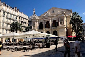 A public square with outdoor seating, a historic building with classical architecture, and palm trees.