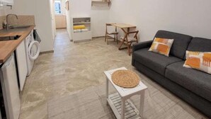Un salon moderne avec un canapé gris, une petite table surmontée d’un set de table en fibres tressées, un lave-linge et un coin cuisine équipé d’un évier et de placards.
