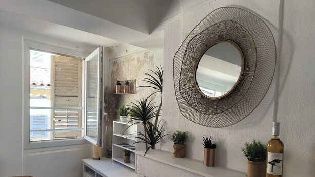 A room with a white fireplace, a round mirror, and shelves with potted plants. - Studio Horizon Toulon - near port & arsenal (Toulon)