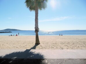 A beach with a palm tree, sandy shore, and calm sea. - Pleasant vacation home with pool in MEZE (Mèze)
