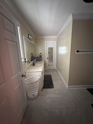 Hair dryer, towels, toilet paper