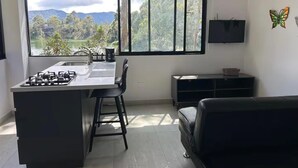 A modern kitchen with a large window, a gas stove, and a dining area. - Charming 1-bedroom apartment in soothing Guatapé perfect for getaway (Guatapé)