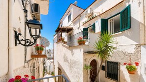 A narrow street with buildings, a balcony with potted plants, and a street lamp. - Apartment 'Venti Nodi' with Balcony, Wi-Fi and Air Conditioning (Vieste)