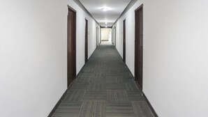 A long, narrow hallway with carpeted floors and wooden doors on both sides, leading to a room at the end.