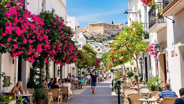 A street lined with cafes, outdoor seating, and bougainvillea flowers. - The Athenian Penthouse Studio - An Urban Haven (Athens)