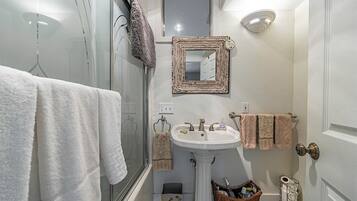 Hair dryer, towels, soap, toilet paper