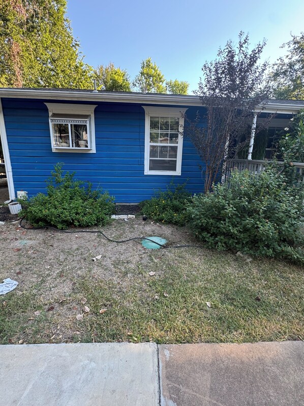 A blue house with two windows, a small garden area with grass and shrubs, and a visible outdoor water spigot.