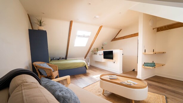A loft-style bedroom with a bed, a TV, a sofa, and a coffee table. - Surf Loft Steps From The Beach (Newquay)