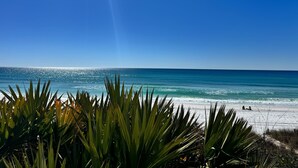 Une plage bordée d’un ciel bleu clair, d’un océan et d  ’une végétation verdoyante au premier plan.