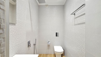Hair dryer, towels, soap, toilet paper