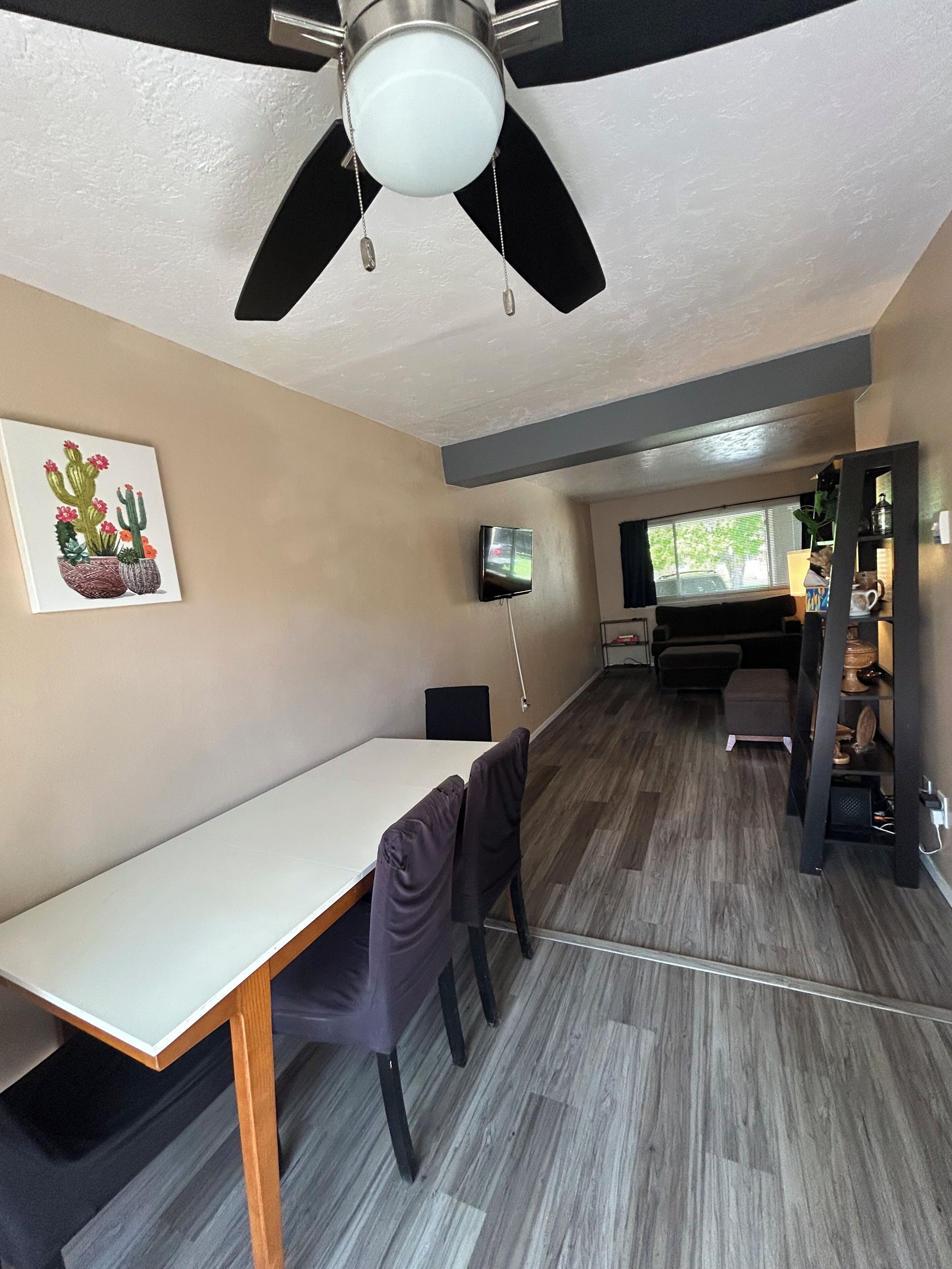 Une pièce dotée d’un ventilateur de plafond, d’une télévision, d’une table à manger avec des chaises, d’une fenêtre avec des stores et d’un tableau représentant un cactus accroché au mur.