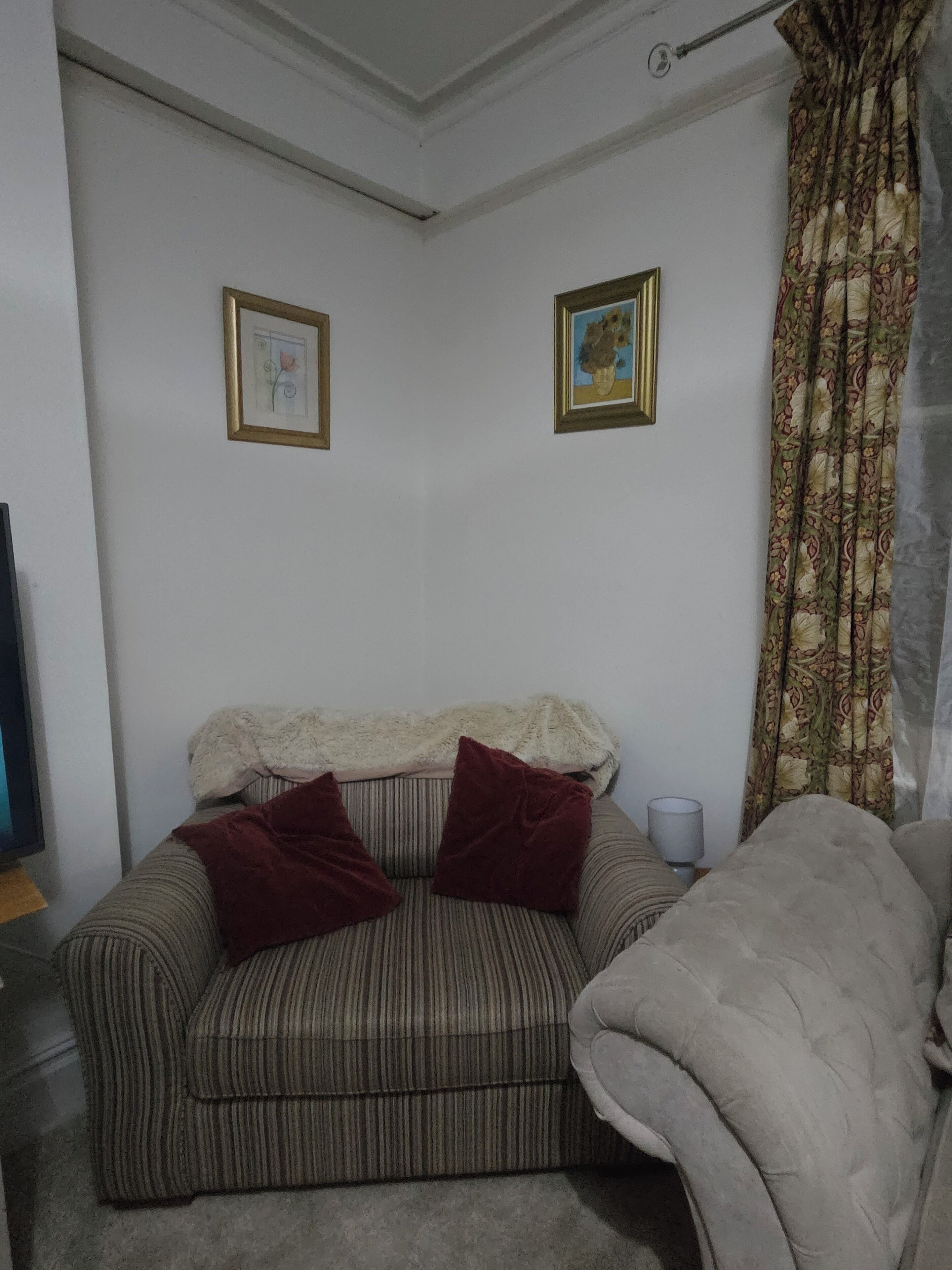 Une pièce avec un canapé à rayures, deux coussins, une couverture, un téléviseur et deux tableaux encadrés accrochés au mur.