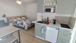 A compact room with a bed, a small kitchenette, a desk, and a ceiling light.