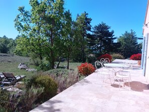 Une terrasse avec des meubles d’extérieur, un chemin en pierre et une végétation luxuriante tout autour.
