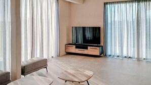 A modern living room with a flat-screen TV, a sofa, and a coffee table.