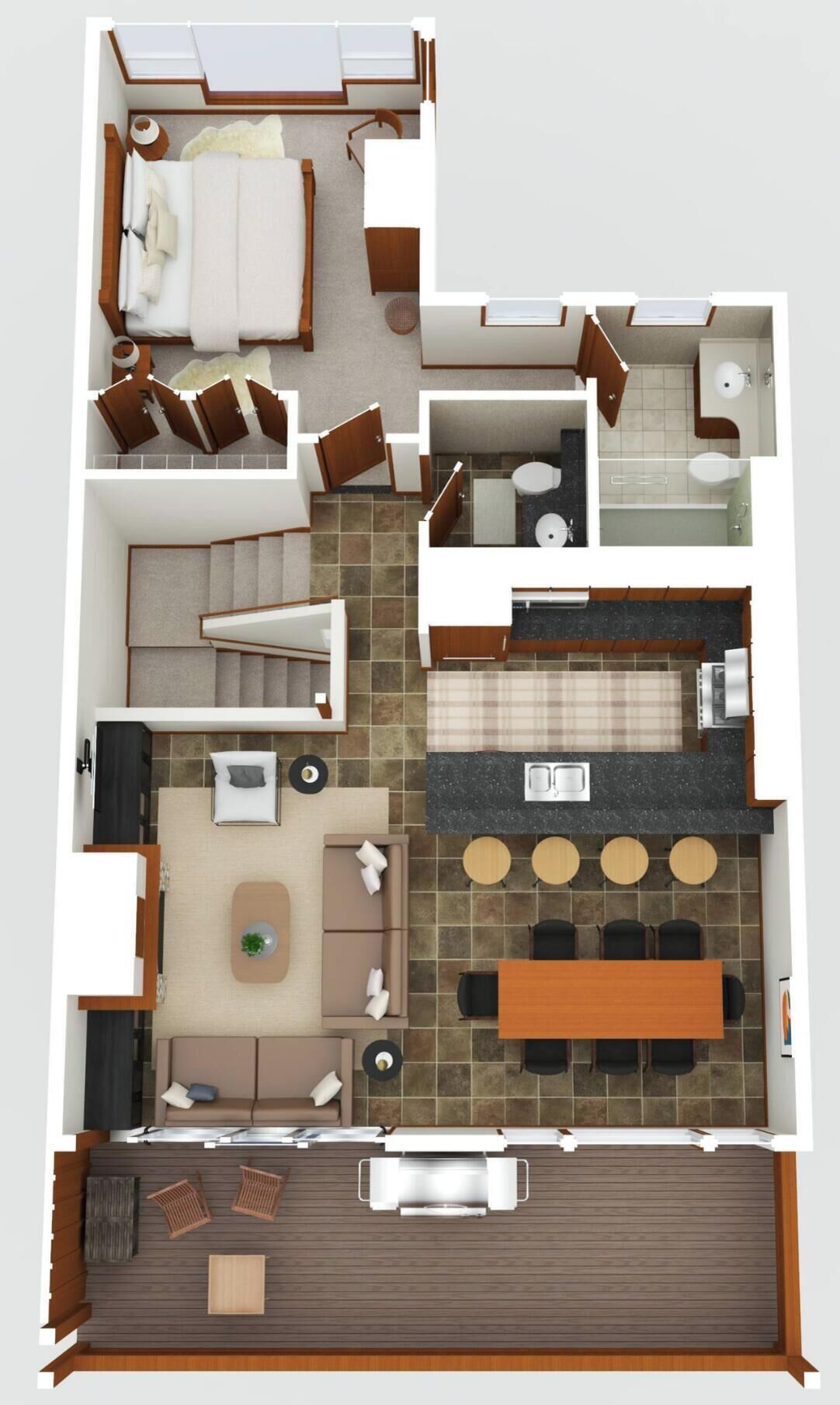 Plano de planta en 2D de un apartamento moderno, con sala de estar, comedor, cocina, baño y balcón.