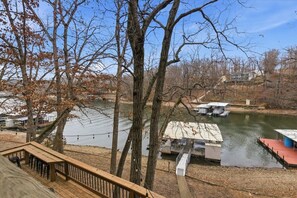 Terrace/patio - Lake of the Ozarks 3-bedroom Lakefront Escape with Private Dock. Sleeps 10. (Camdenton)