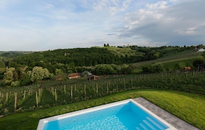 A swimming pool with a view of a vineyard and rolling hills in the background.