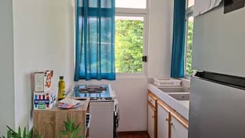 Une cuisine de taille réduite équipée d’une cuisinière à gaz, d’un évier et d’un réfrigérateur.