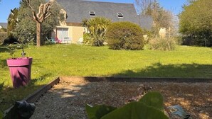 Una casa con techo inclinado, un jardín con césped y un arbusto grande.