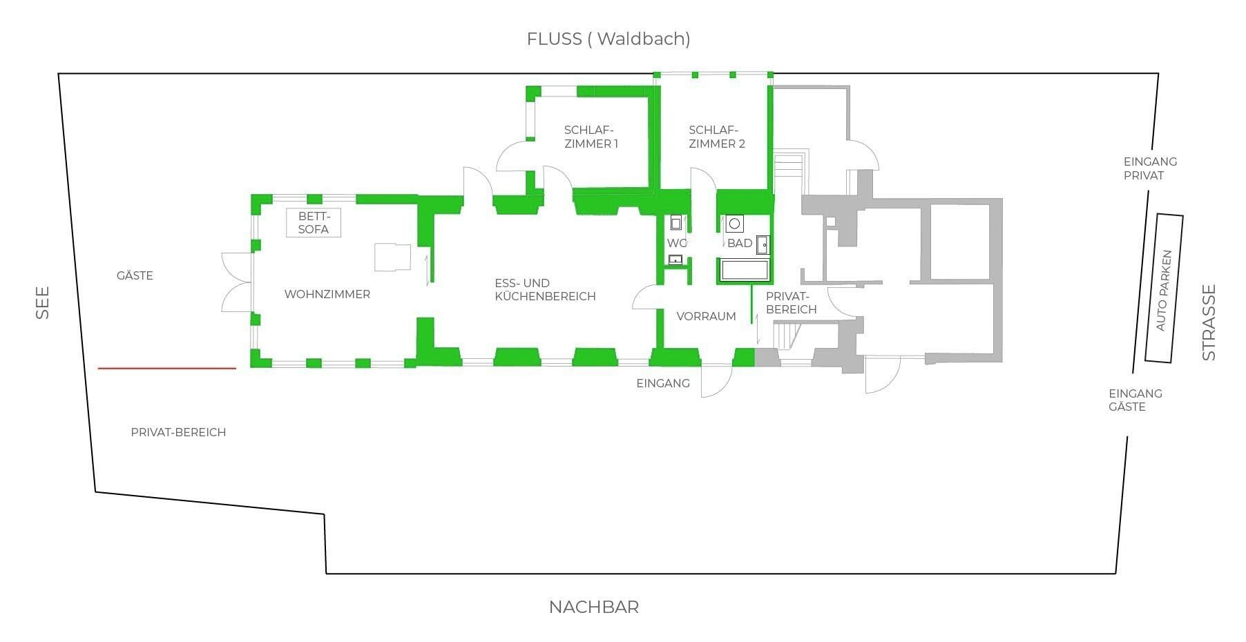 A hotel layout with private and public areas, including two bedrooms, a living room, a dining area, and a kitchen.