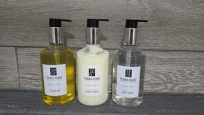 Three bottles of Terra Pure products on a shelf. - Angella Ct Getaway - Sleeps 6 - Near Downtown (McMinnville)