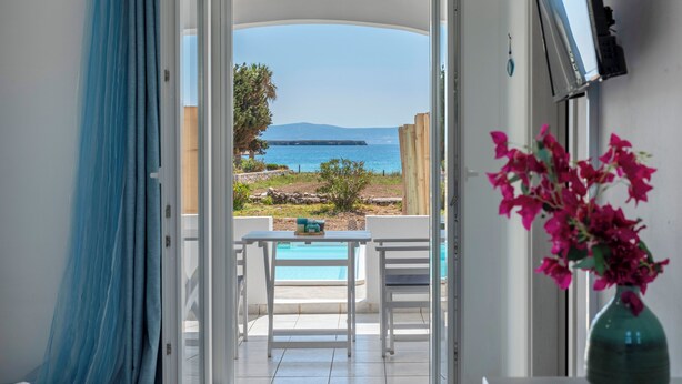 A room with a view of a pool and the sea, a bed, a TV, and a vase with flowers. - Villa Zeta (Paros)