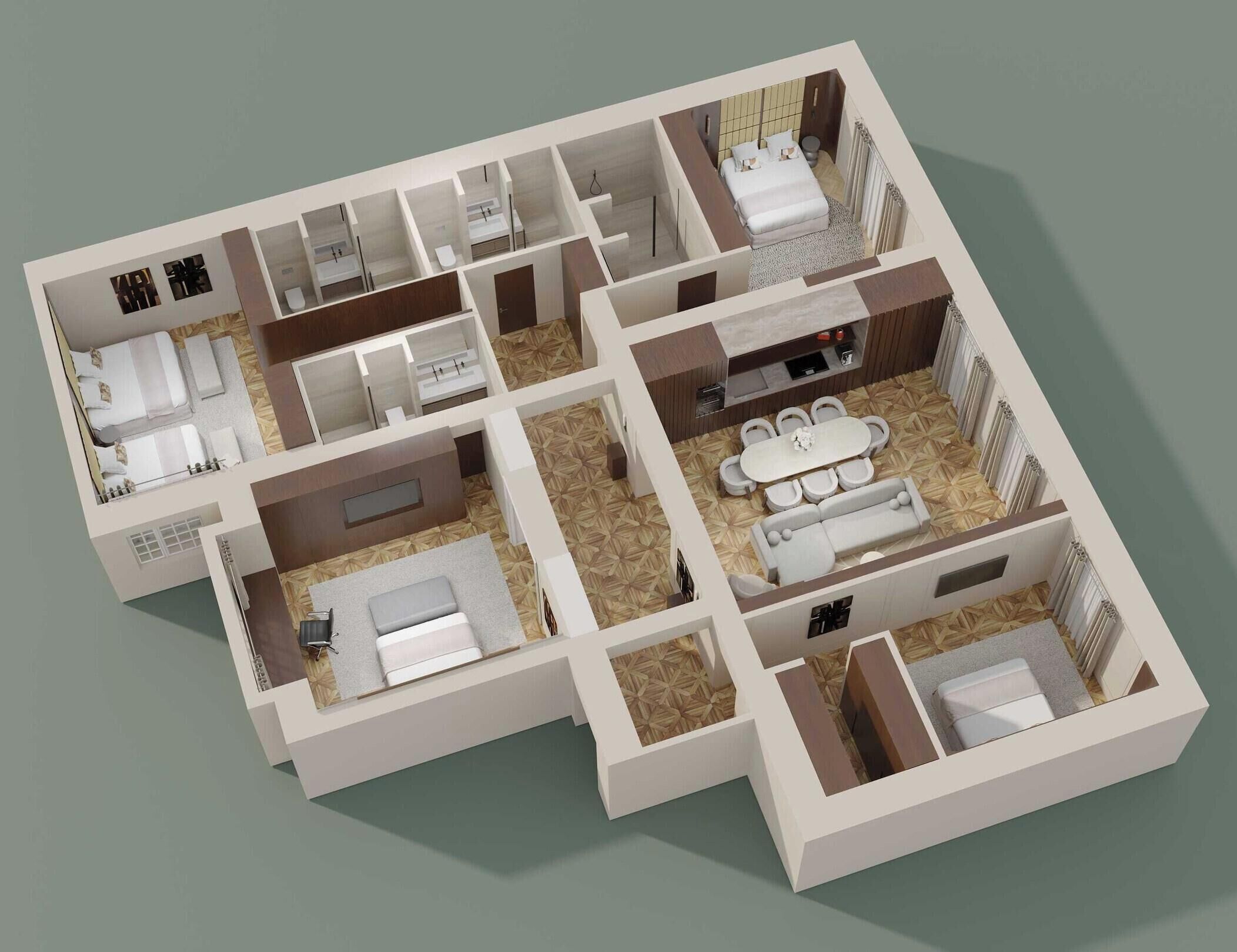 En 3D-planritning över ett hotellrum med badrum, sovrum, vardagsrum med soffa och matbord samt ett köksområde.