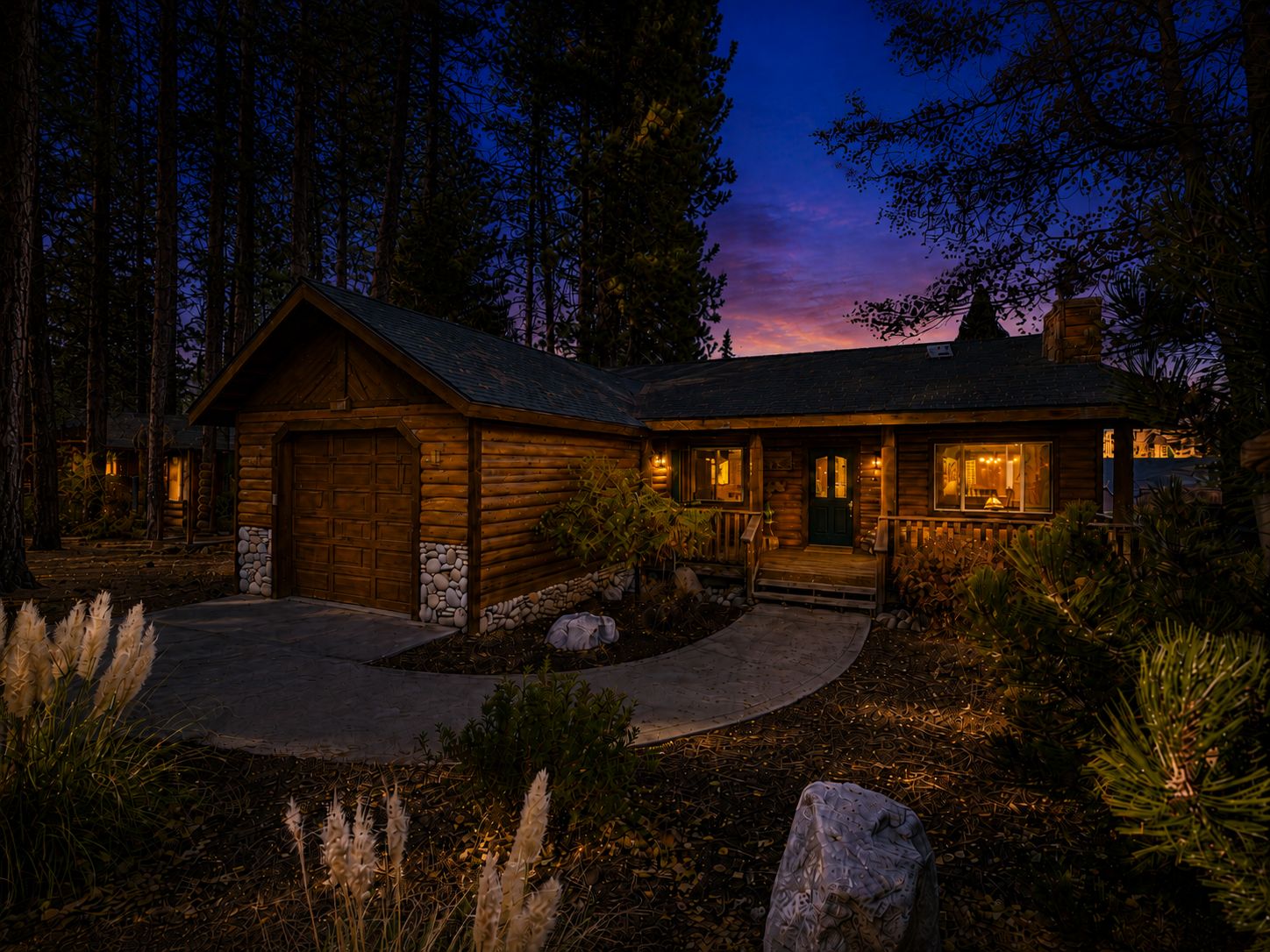 A log cabin with a stone foundation, a front porch, and a garage.