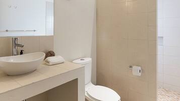 Apartemen Klasik, pemandangan kebun | Kamar mandi | Kombinasi shower/bathtub, pengering rambut, handuk, dan tisu toilet