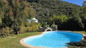 Una piscina envoltada per gespa i arbres, amb un turó al fons.