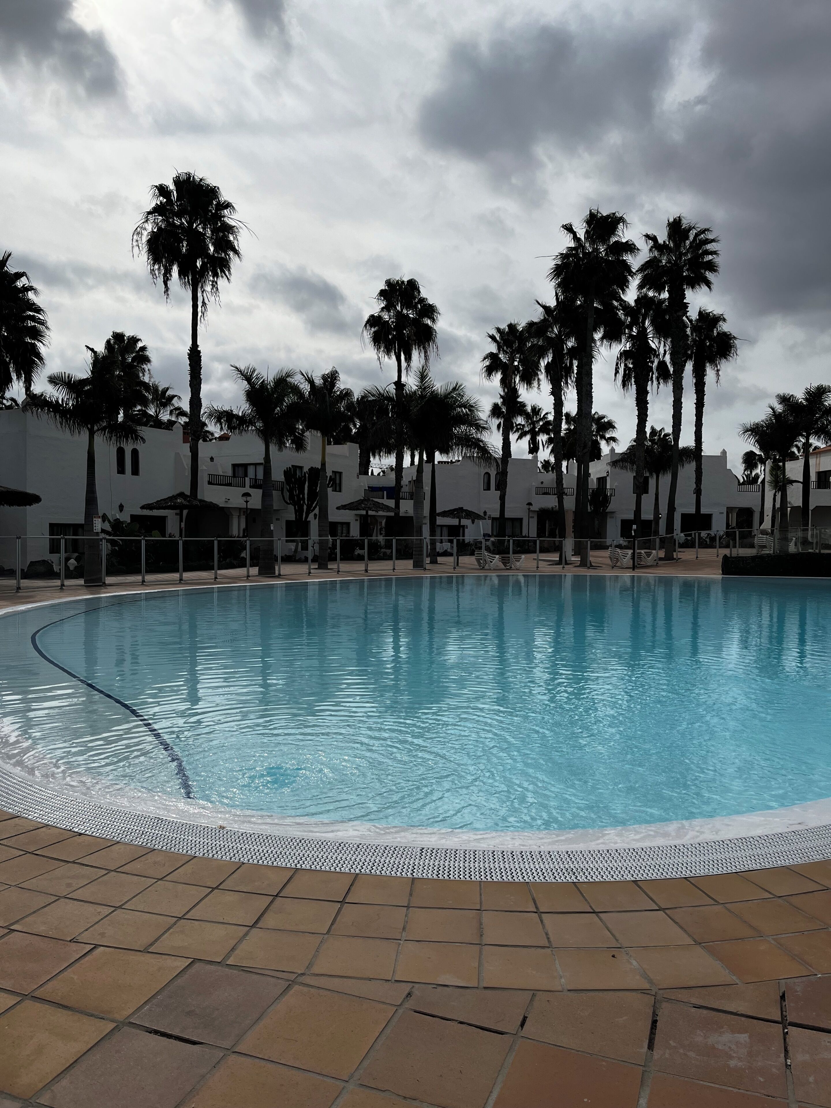 A swimming pool with tiled edges, surrounded by palm trees and white buildings.