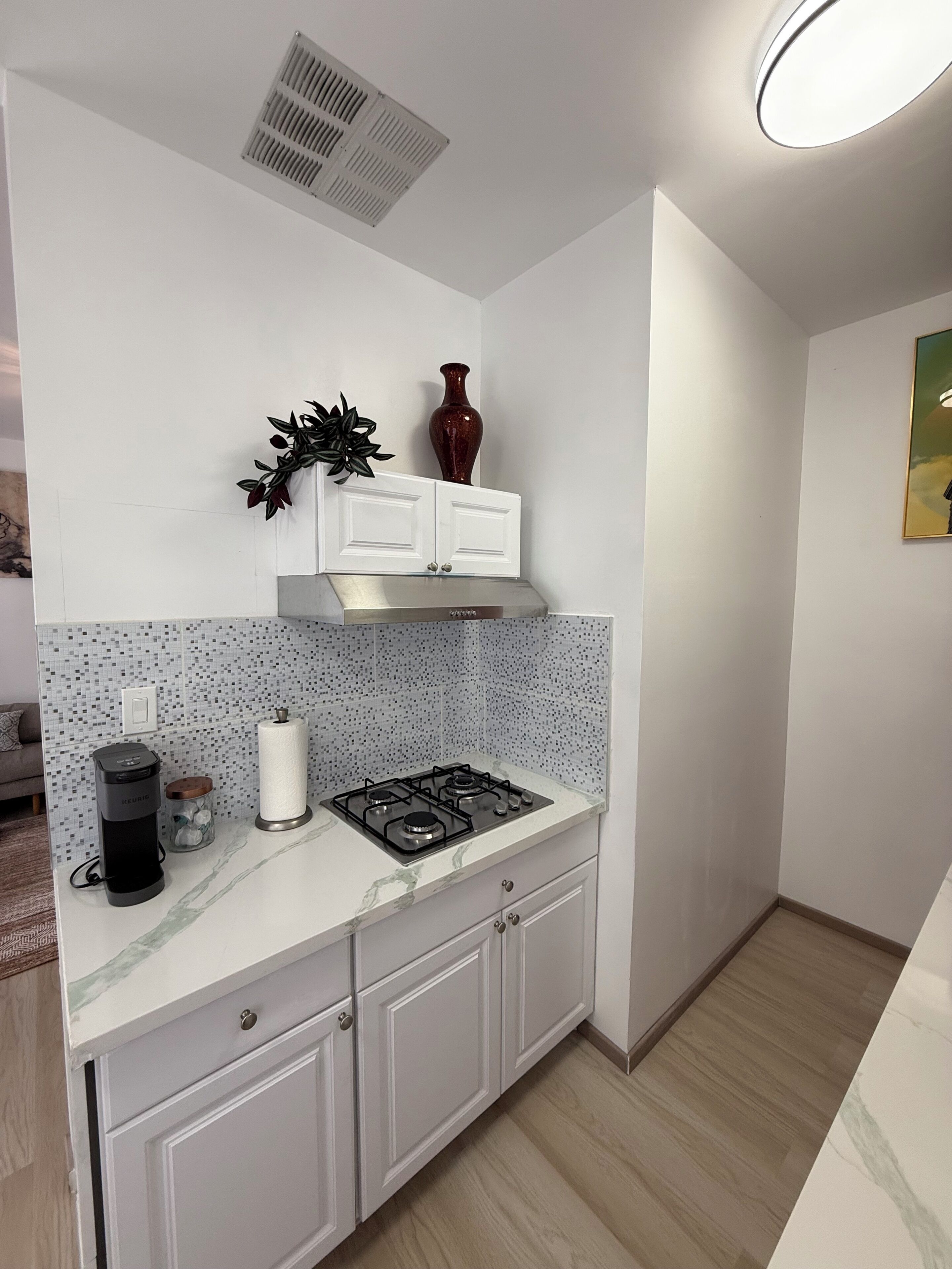Una cocina con armarios blancos, estufa a gas, cafetera y una planta decorativa.