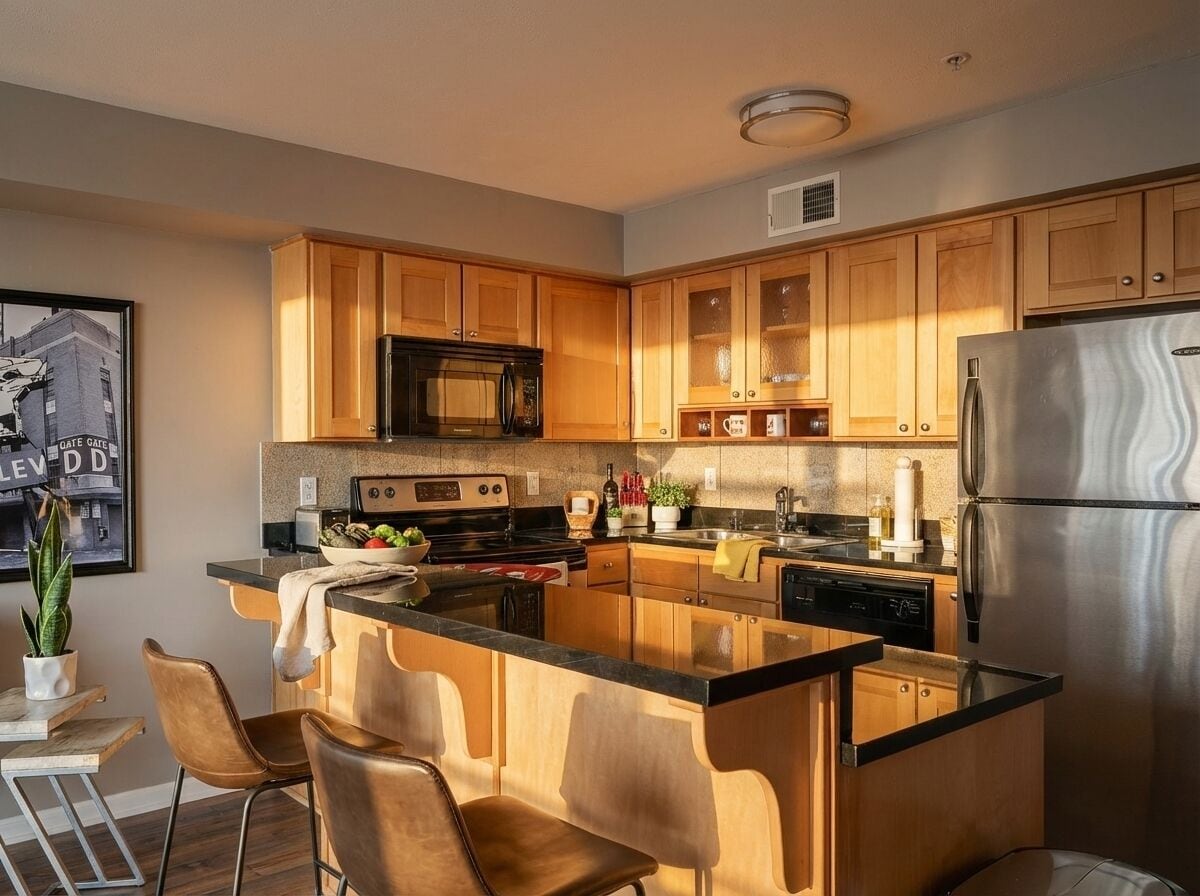 Coffee/tea maker, fridge, microwave, oven