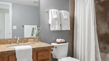 Hair dryer, towels, soap, shampoo