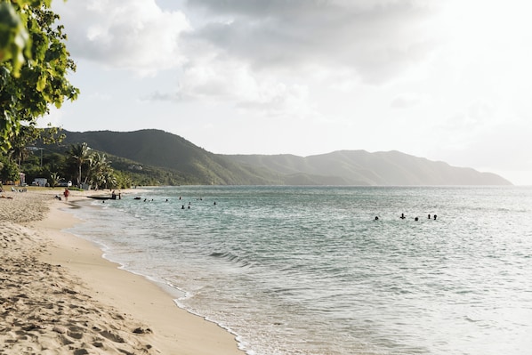 A beach with people swimming, a sandy shore, and mountains in the background.