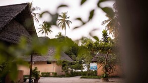 A thatched-roof building with a sandy courtyard, surrounded by palm trees and greenery. - Afro Beach Safari (Mafia Island)