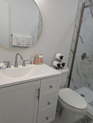 Shower, towels, soap, toilet paper