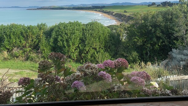 Un paysage côtier offrant une vue sur la mer, avec une végétation luxuriante et un ciel dégagé.