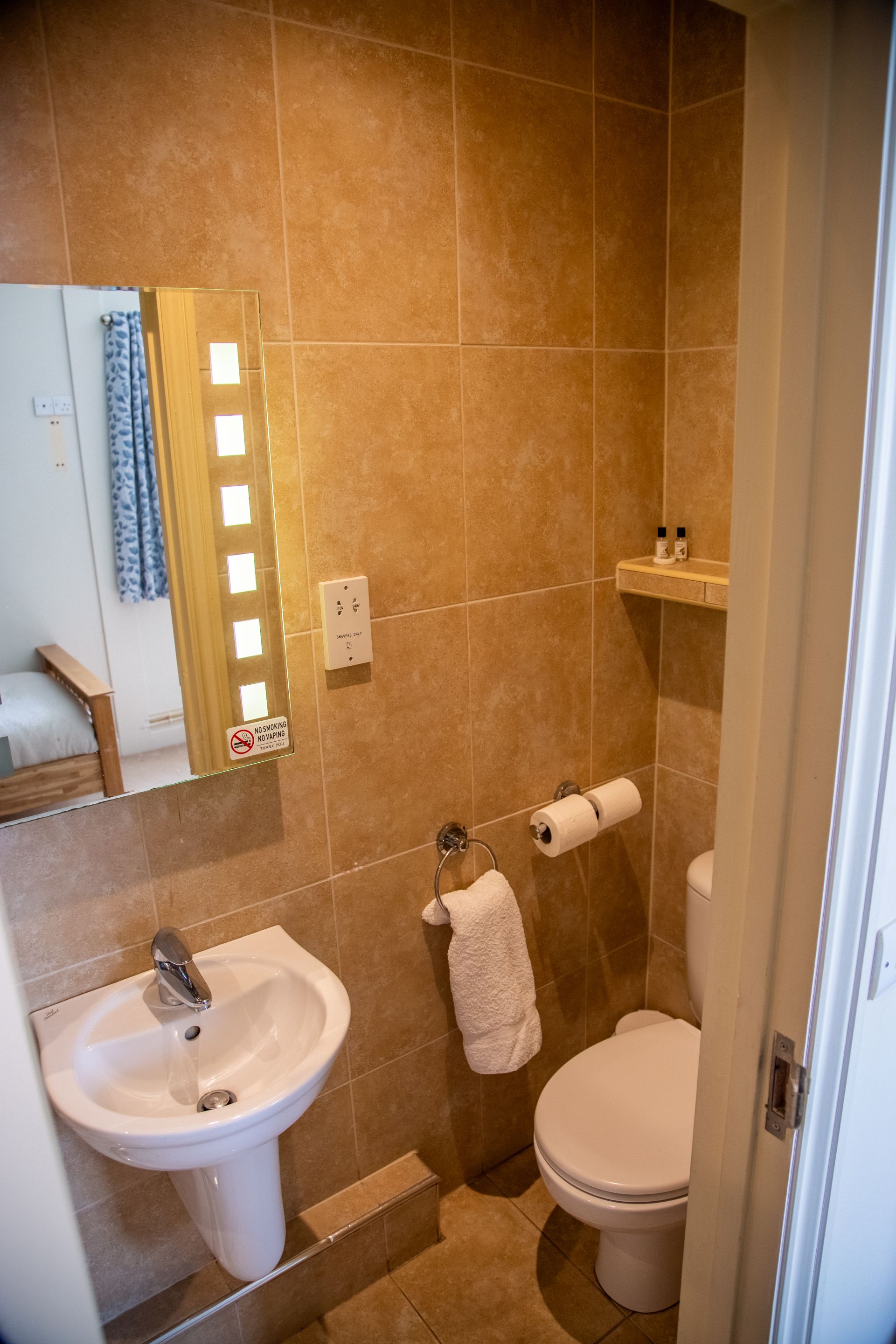 A bathroom with a sink, toilet, and a mirror.
