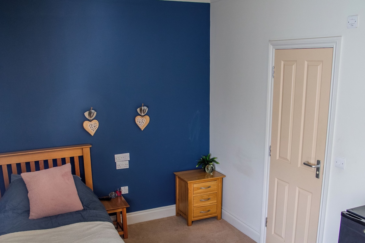 A bedroom with a bed, a nightstand, a dresser, a ceiling fan, and a door.