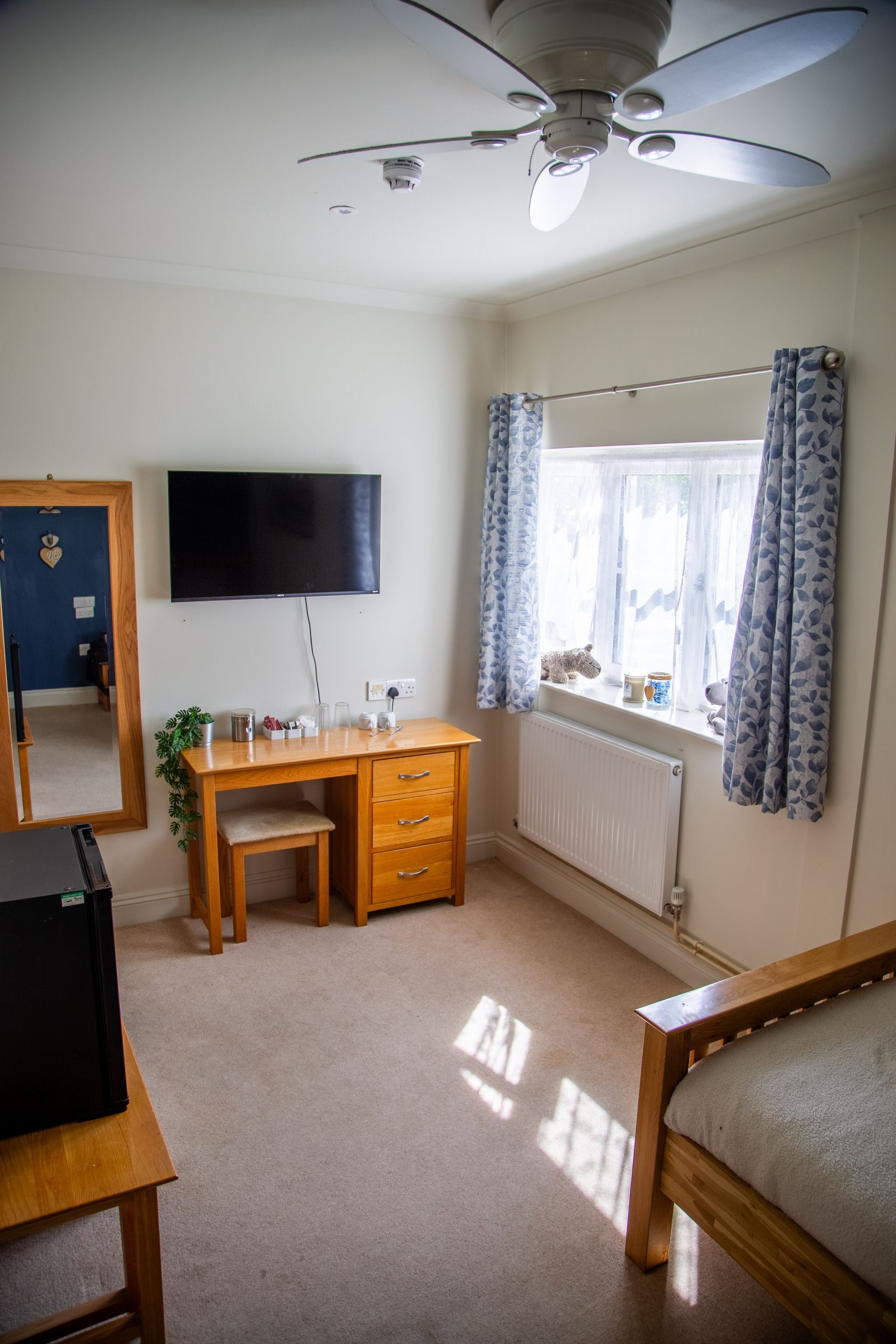 A bedroom with a bed, a desk, a chair, a television, a ceiling fan, and a window with curtains.