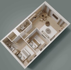 Ein 3D-Grundriss eines modernen Hotelzimmers mit Bett, Sitzecke und Badezimmer.