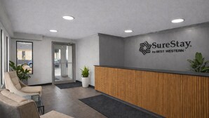 Zona de recepción con mostrador de madera, área de estar con sillas y puerta de vidrio que da al exterior.