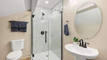 Chuveiro, secador de cabelo, toalhas de banho, shampoo