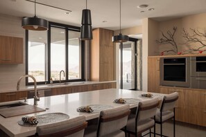 Fridge, microwave, oven, stovetop - Palm Desert Mountaintop Estate | Lap Pool & Spa, Valley Views & Outdoor Kitchen (Palm Desert)